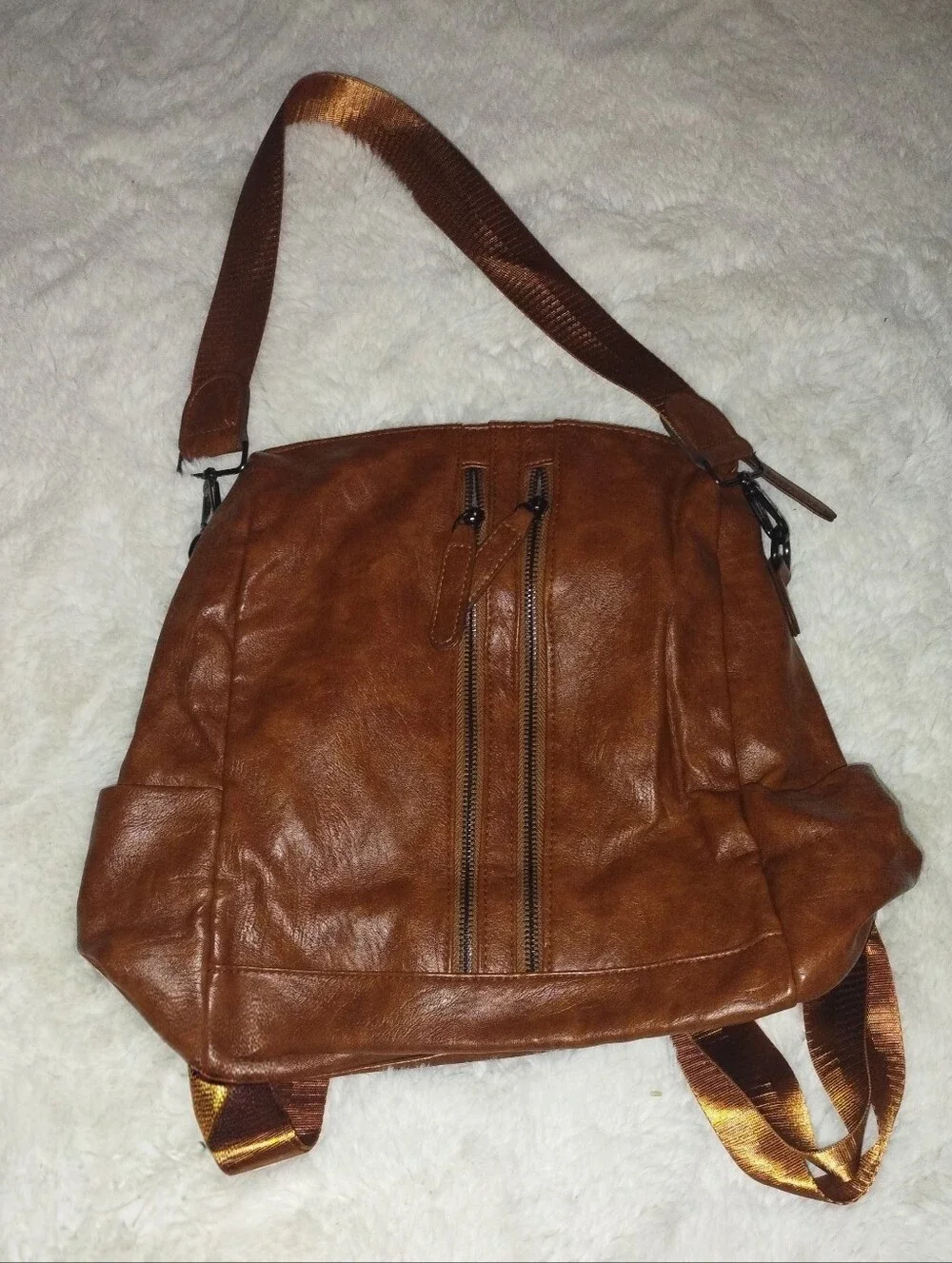 Women's Tan Faux-Leather Backpack with Front Zip Pockets